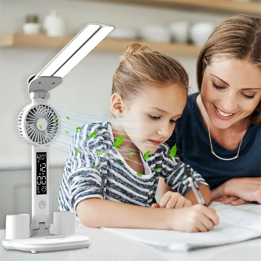 Foldable LED Table Light Eye Protection Multifunction Desk Lamp With Thermometer Calendar Fan Pen Holder Study Reading Fan Light