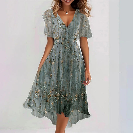 Flowers Printed V-neck Dress Summer A-line Short-sleeved Dresses For Women