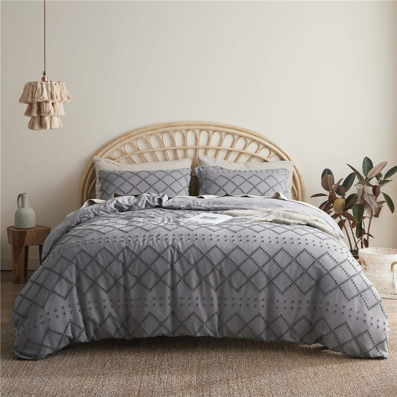 Tufted Solid Color Bohemian Cotton Quilt Cover Pillowcase Cut Flower Three-piece Set