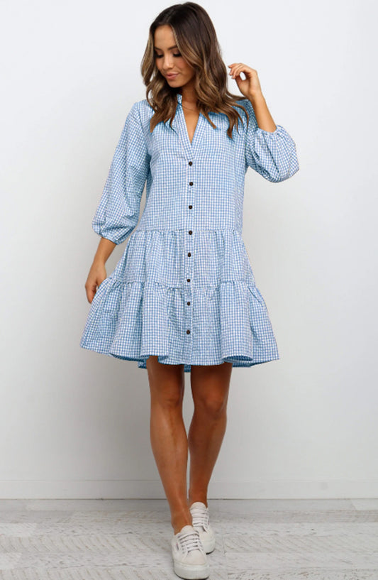 Plaid Printed Ruffle Dress V Neck Button Three-quarter Sleeves Dresses For Women Clothing