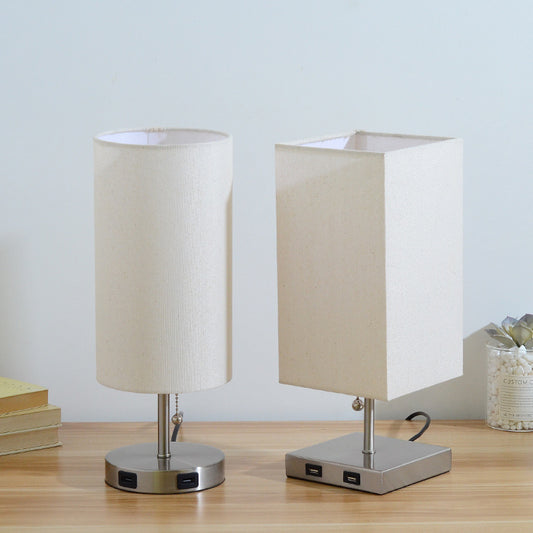 USB Table Lamp Bedside Night Light Solid Wood LED Desk Lamp Bedroom Night Light with Cloth Lampshade
