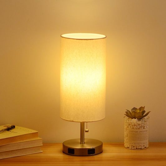 USB Table Lamp Bedside Night Light Solid Wood LED Desk Lamp Bedroom Night Light with Cloth Lampshade