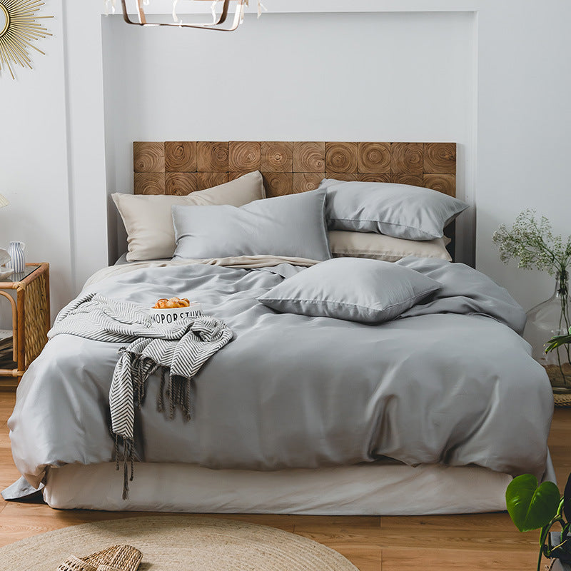 Summer Light Luxury Pure Color Tencel Four-piece Set Simple Ice Silk Cool Feeling Silky Nude Sleeping Quilt Cover Bed Sheet Bedding