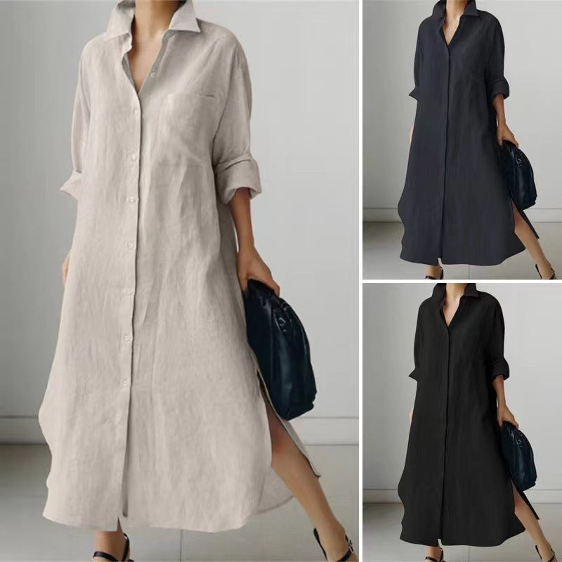 Women's Slit Shirt Dress Solid Color Long-sleeved Cardigan Irregular Long Dress