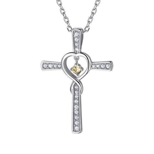 Infinity Love God We Trust Christian Cross Birthstone Crystal Pendant Necklace Colour Gems Zircon Heart Necklace Women Jewelry