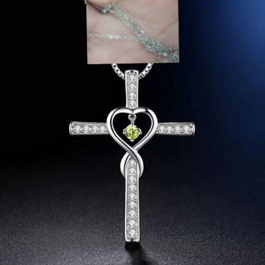 Infinity Love God We Trust Christian Cross Birthstone Crystal Pendant Necklace Colour Gems Zircon Heart Necklace Women Jewelry