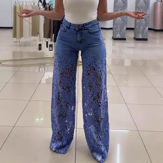 Y2K Lace Flowers Hollow Jeans Fashion High Waist Straight Wide Leg Pants Solid Color Trousers Women's Clothing