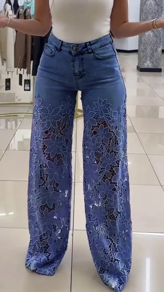 Y2K Lace Flowers Hollow Jeans Fashion High Waist Straight Wide Leg Pants Solid Color Trousers Women's Clothing