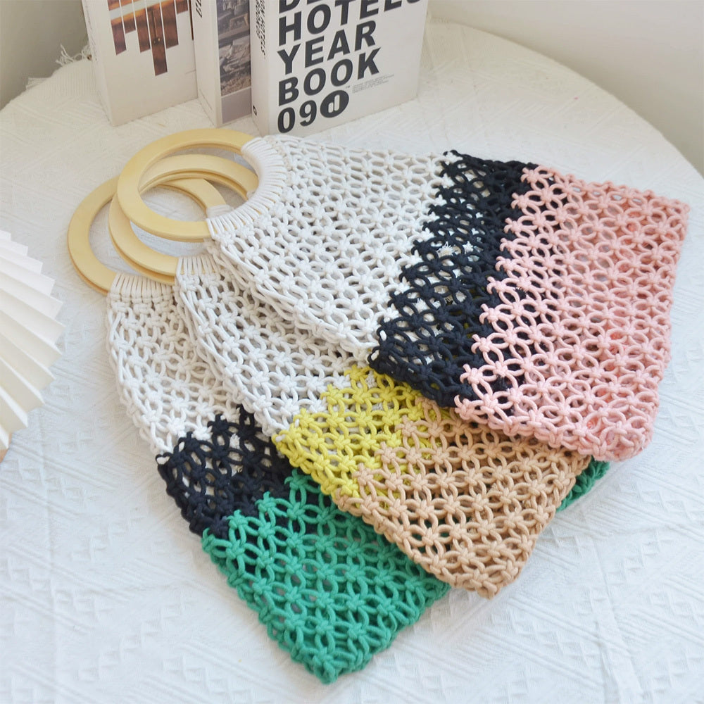 2024 New Coarse Cotton Rope Woven Bag Handbags Women Fashion Casual Vacation Beach Tote Bag Simple Straw Shoulder Bags Summer Personality Sense Of Luxury Simple Small Tote For Women