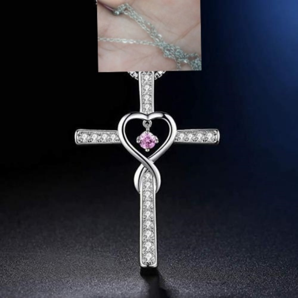 Infinity Love God We Trust Christian Cross Birthstone Crystal Pendant Necklace Colour Gems Zircon Heart Necklace Women Jewelry