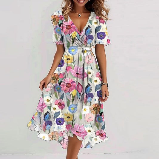 Flowers Printed V-neck Dress Summer A-line Short-sleeved Dresses For Women