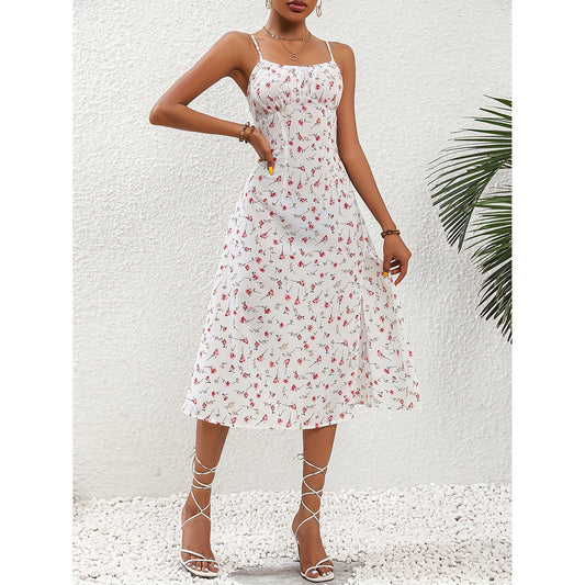New Polka Dot Print Suspender Dress Summer Sexy Split Long Dresses For Womens Clothing