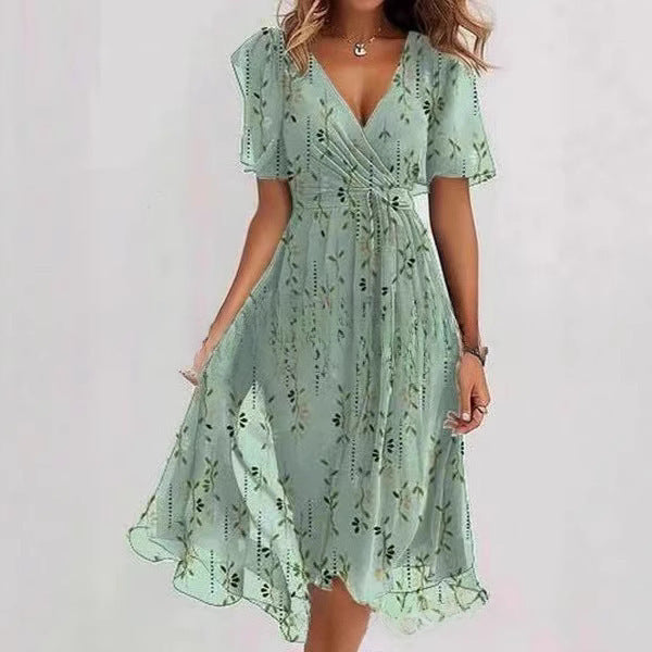 Flowers Printed V-neck Dress Summer A-line Short-sleeved Dresses For Women