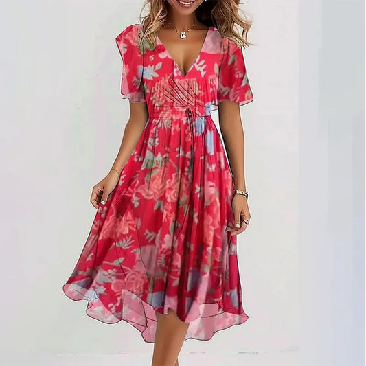 Flowers Printed V-neck Dress Summer A-line Short-sleeved Dresses For Women