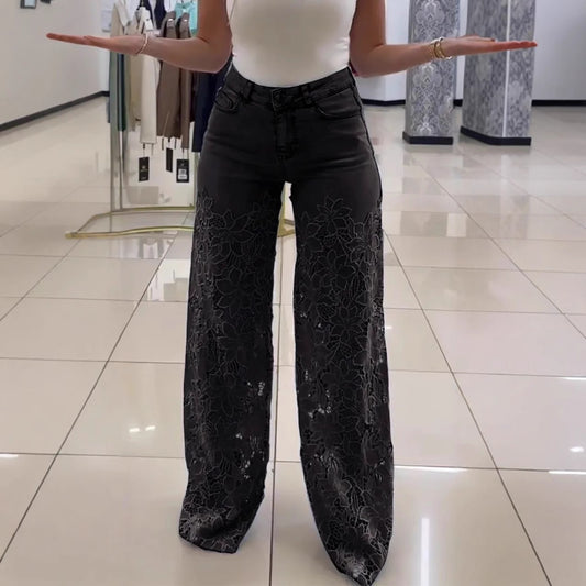 Y2K Lace Flowers Hollow Jeans Fashion High Waist Straight Wide Leg Pants Solid Color Trousers Women's Clothing