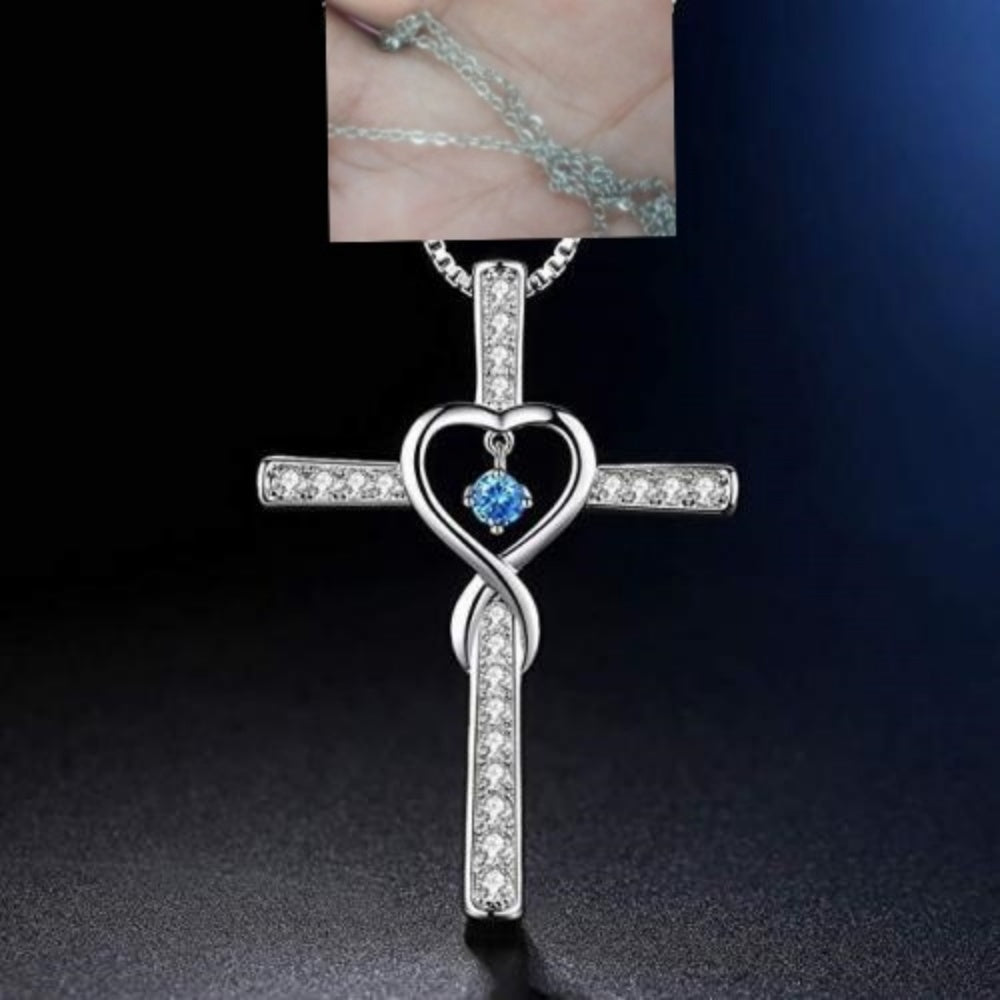 Infinity Love God We Trust Christian Cross Birthstone Crystal Pendant Necklace Colour Gems Zircon Heart Necklace Women Jewelry