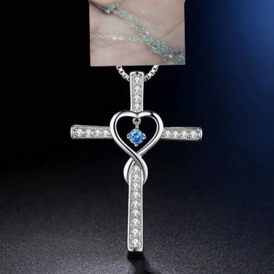 Infinity Love God We Trust Christian Cross Birthstone Crystal Pendant Necklace Colour Gems Zircon Heart Necklace Women Jewelry