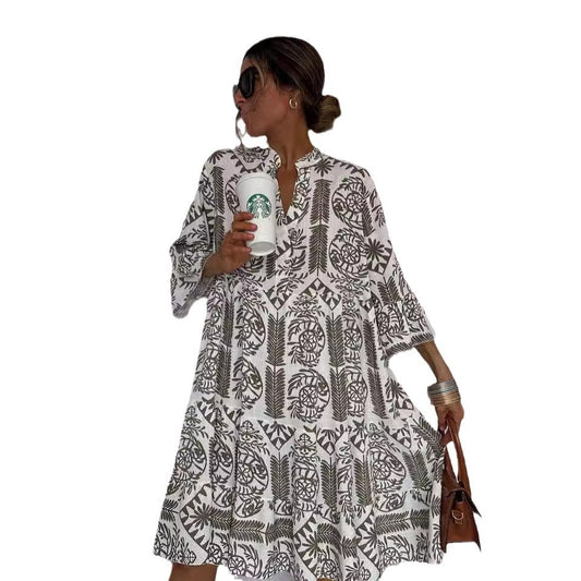 Autumn Casual Print Vacation Loose Dress Women Fashion V-neck Flare Sleeve Elegant Ruffle Shirt Dress Female Vintage Loose Dress