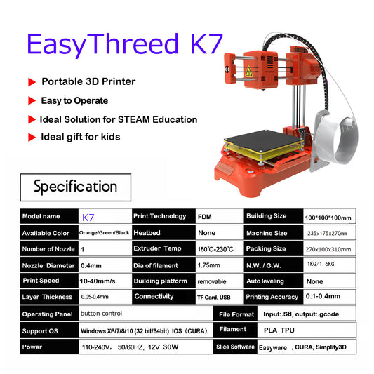 Desktop Portable Student Getting Started For Children 3D Printer K7