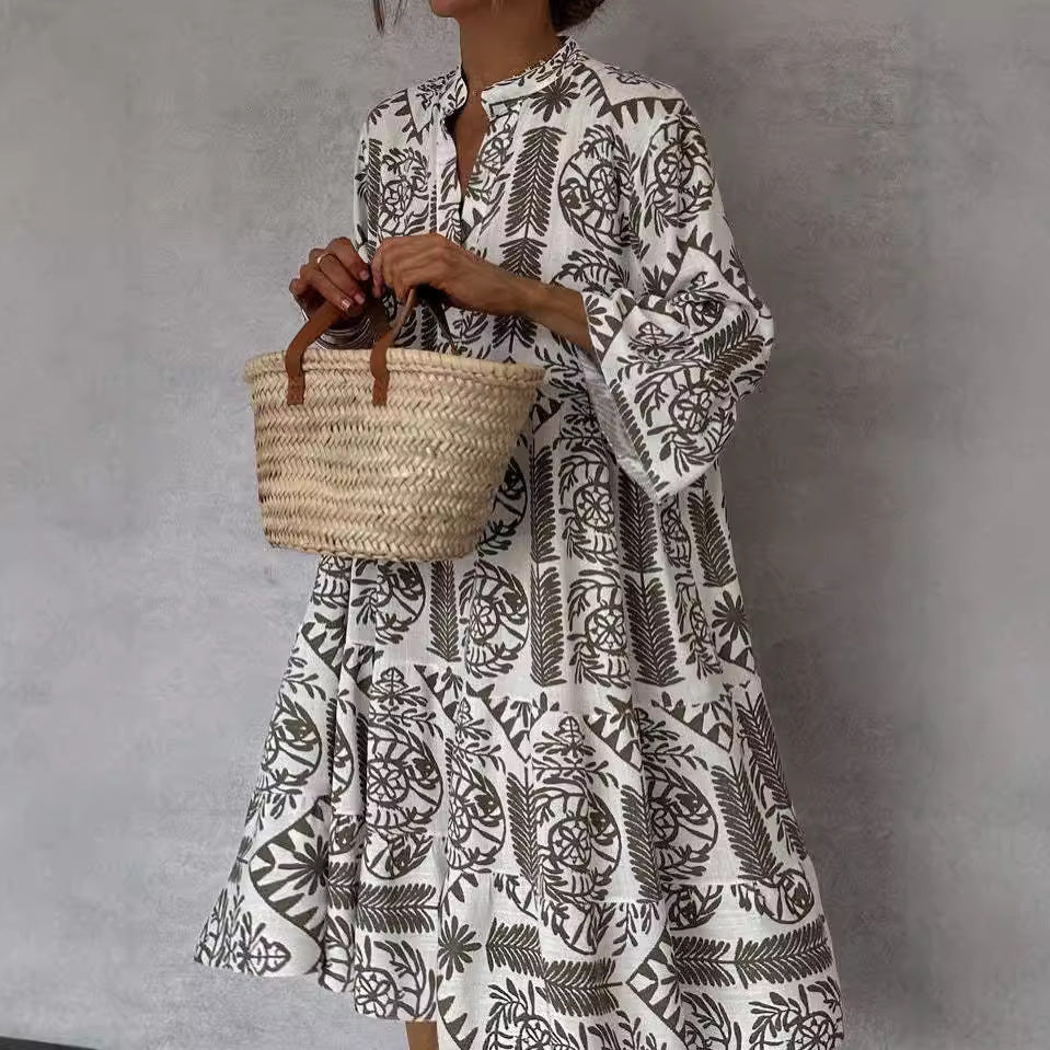 Autumn Casual Print Vacation Loose Dress Women Fashion V-neck Flare Sleeve Elegant Ruffle Shirt Dress Female Vintage Loose Dress