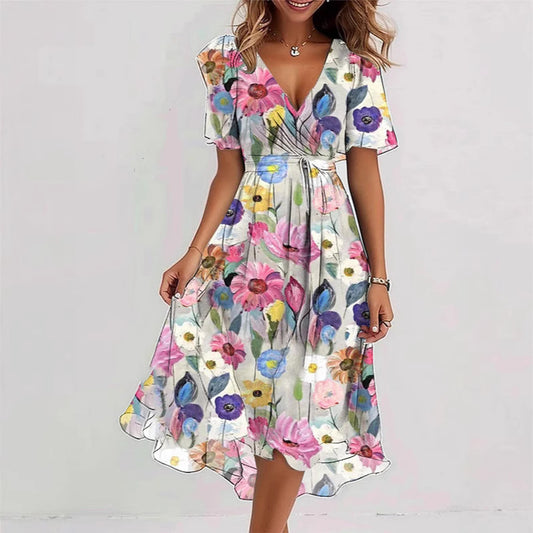 Flowers Printed V-neck Dress Summer A-line Short-sleeved Dresses For Women