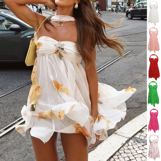 Ins Halter Neck Backless Dress Summer Sexy Printed Irregular Mesh Short Dresses For Evening Party Club Women's Clothing