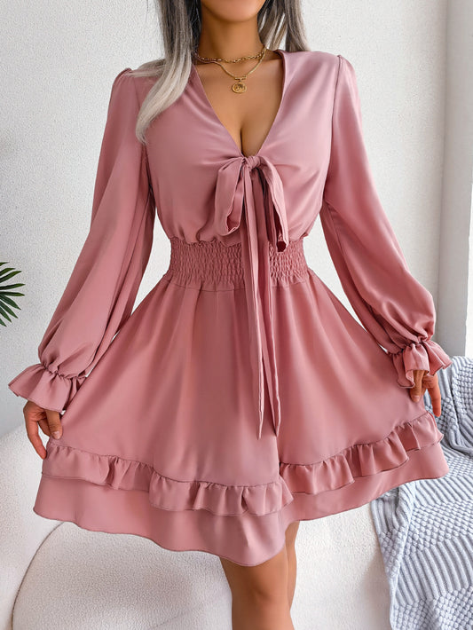Summer Dresses Solid Color V-neck Long Sleeve Dress For Women Sexy V-neck Lace Up A-line Dress Women's Beach Dress