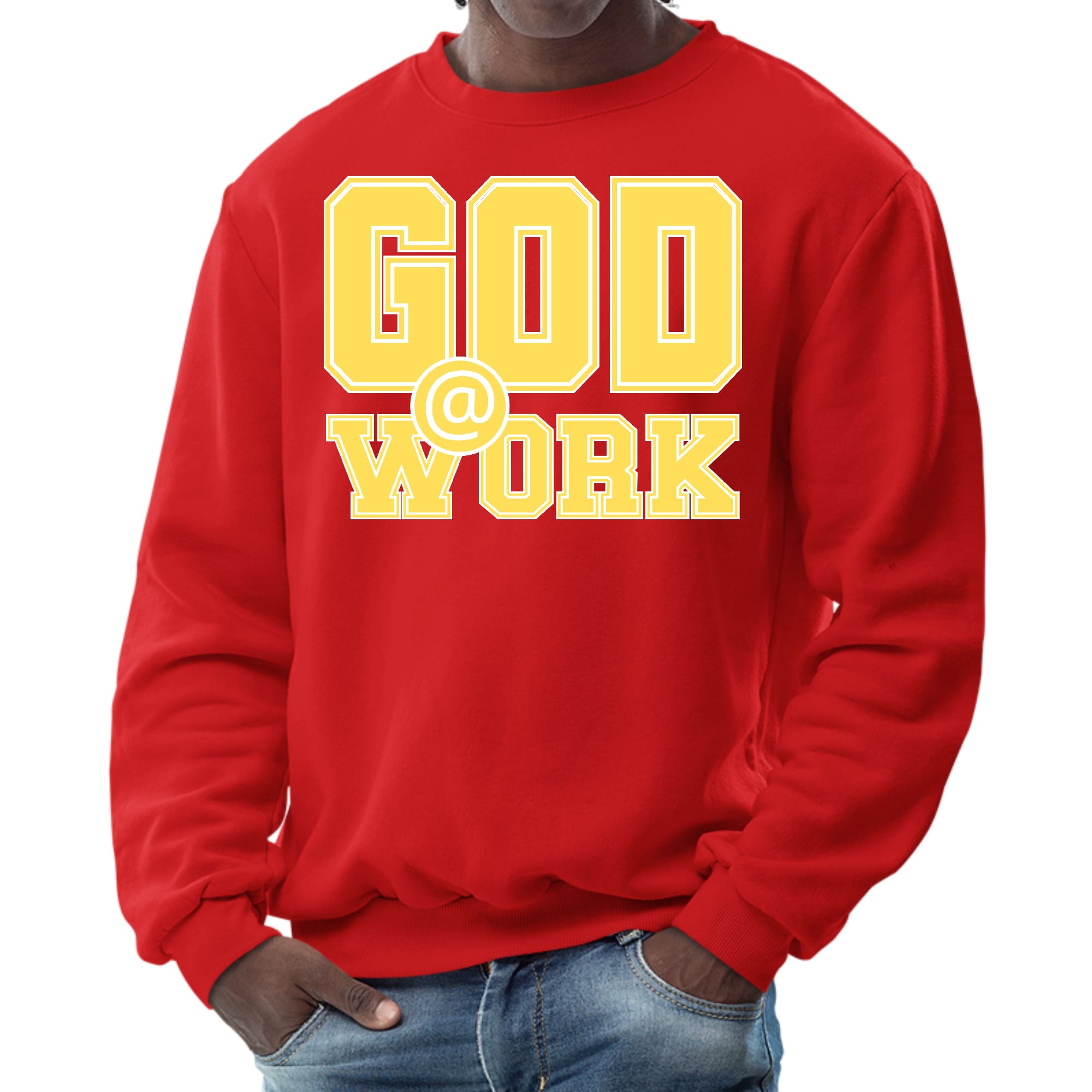 Mens Graphic Sweatshirt - God @ Work Yellow and White Print-1