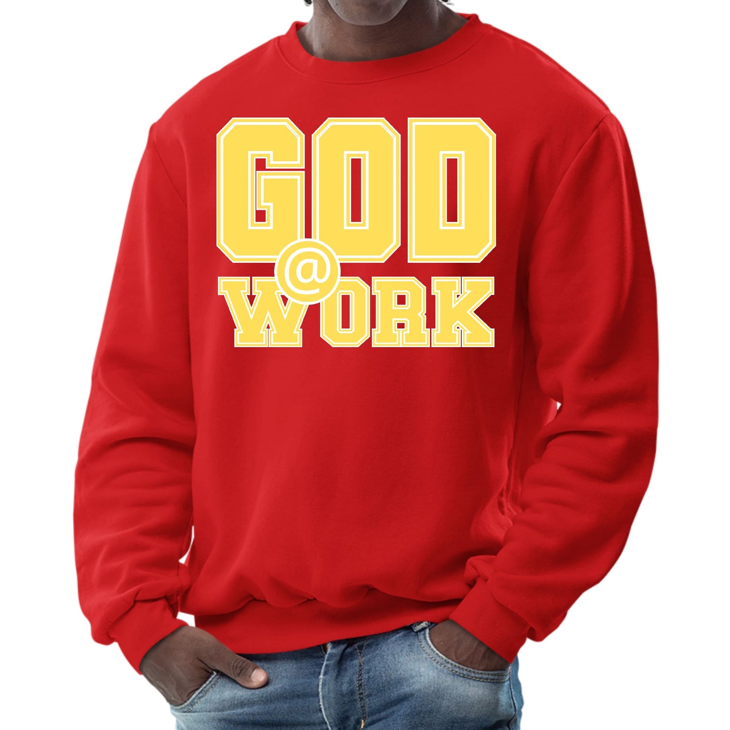Mens Graphic Sweatshirt - God @ Work Yellow and White Print-1