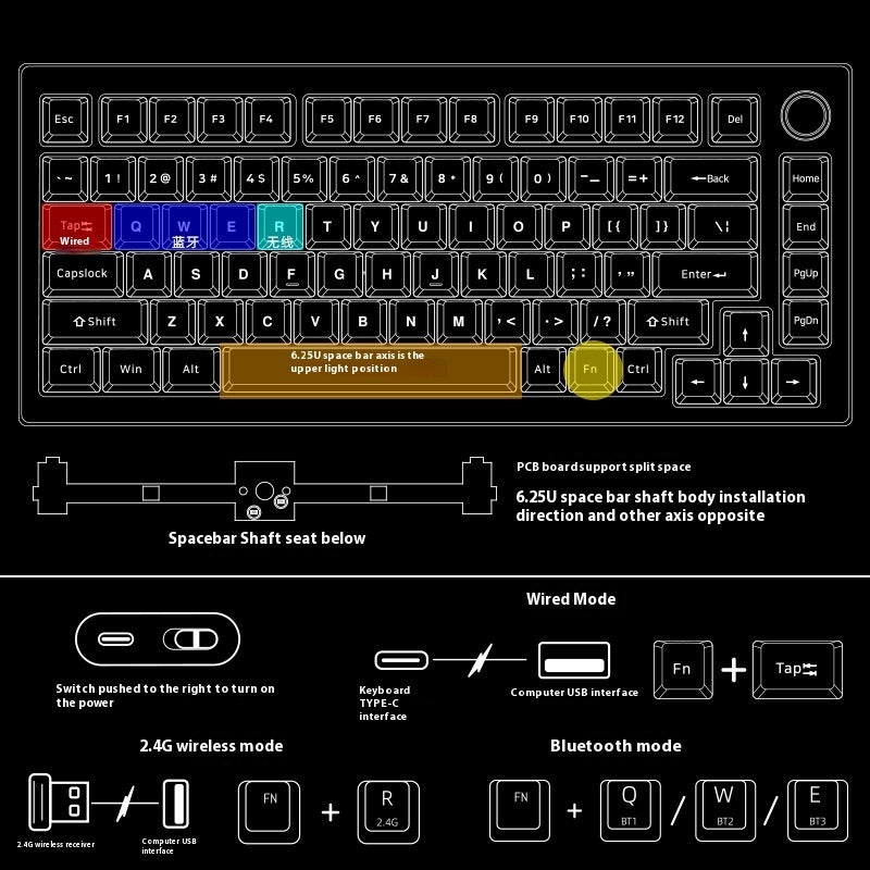 Heiji Snake Mechanical Keyboard Kit Aluminum Tuo Three-mode No Wired Bluetooth