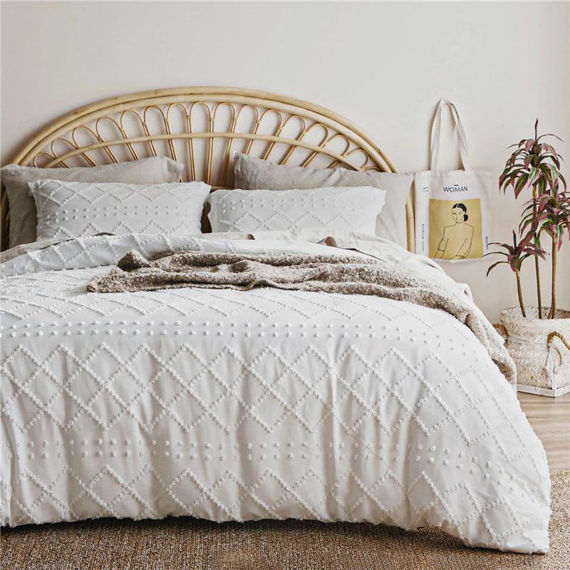 Tufted Solid Color Bohemian Cotton Quilt Cover Pillowcase Cut Flower Three-piece Set