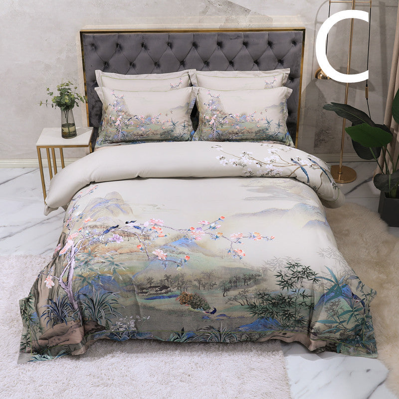 Long-staple Cotton Satin Digital Printing Cotton Peacock Four-piece Suit