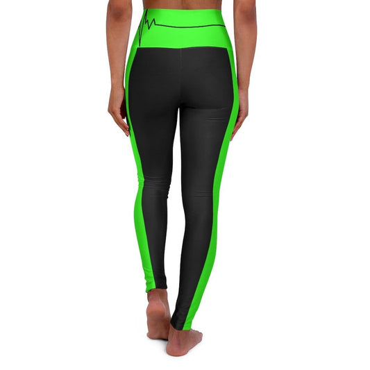 High Waisted Yoga Leggings - Black and Neon Green Beating Heart Sports Pants-2