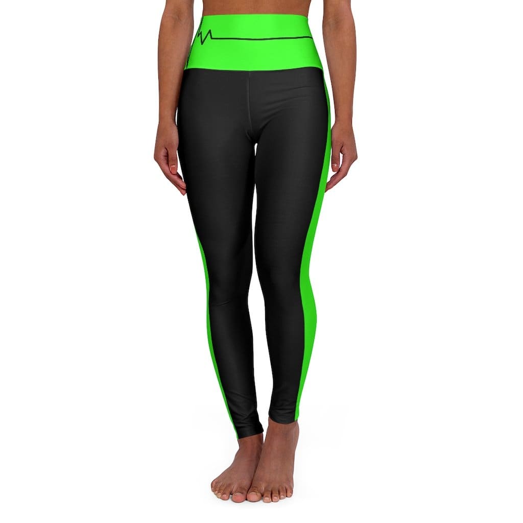 High Waisted Yoga Leggings - Black and Neon Green Beating Heart Sports Pants-1