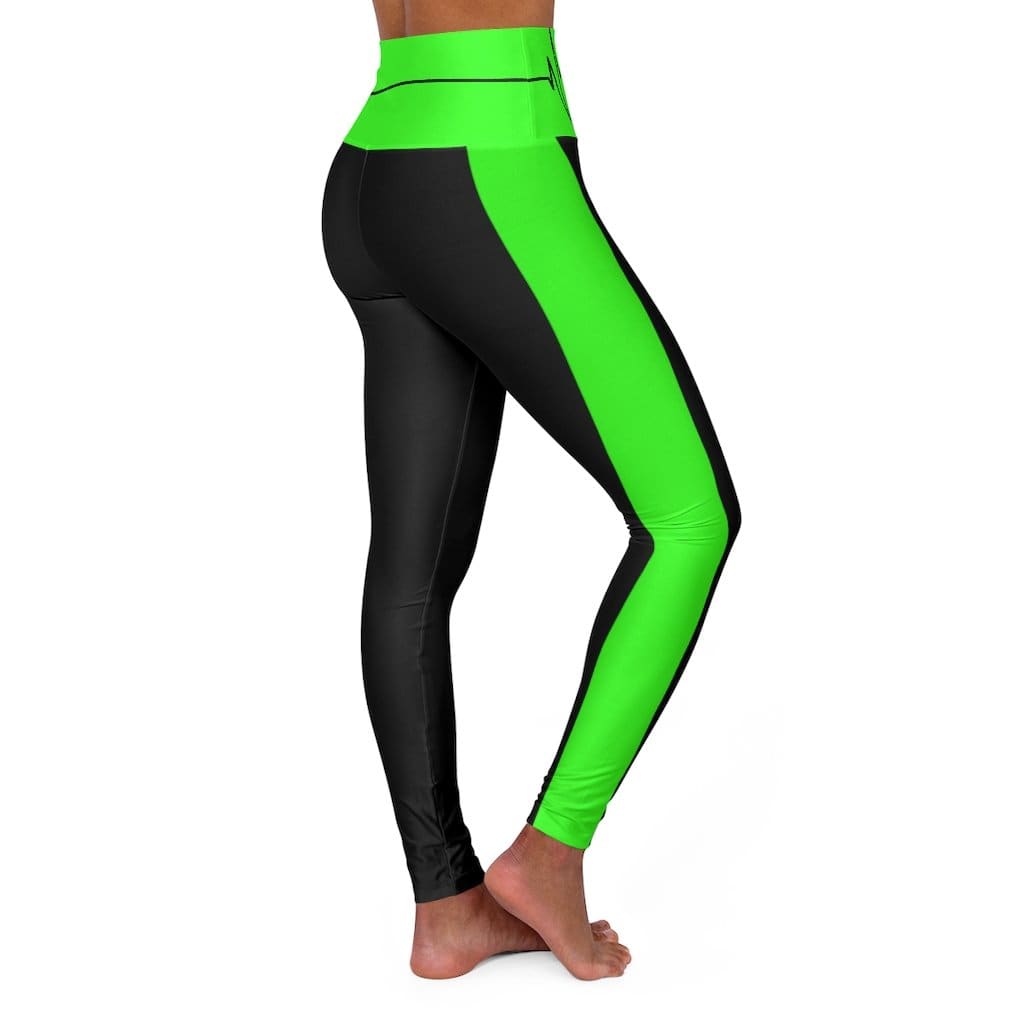 High Waisted Yoga Leggings - Black and Neon Green Beating Heart Sports Pants-0